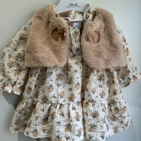 Little Me Cream Floral Dress with Tan Faux Fur Capelet - Picture 2 of 12